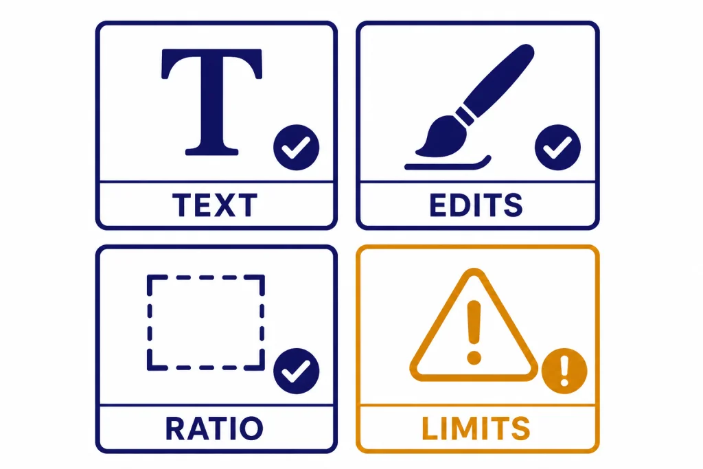 Image Strengths And Limits Four tiles labeled TEXT, EDITS, RATIO, LIMITS with check marks and a caution symbol.