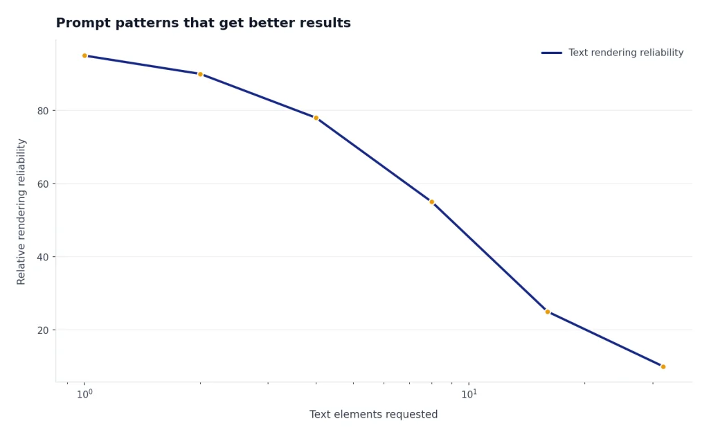Illustrative line chart showing that text rendering tends to become less reliable as the number of separate text elements increases.
