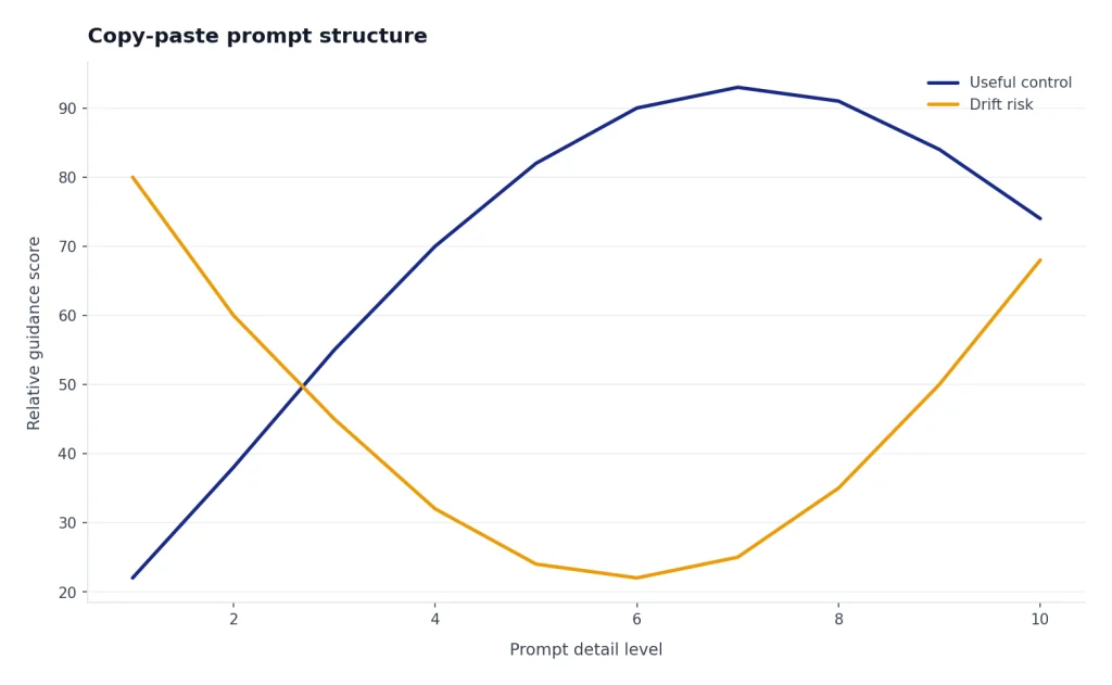 Illustrative concept chart showing that useful prompt control improves with clear detail, while overloading a prompt can increase drift risk.