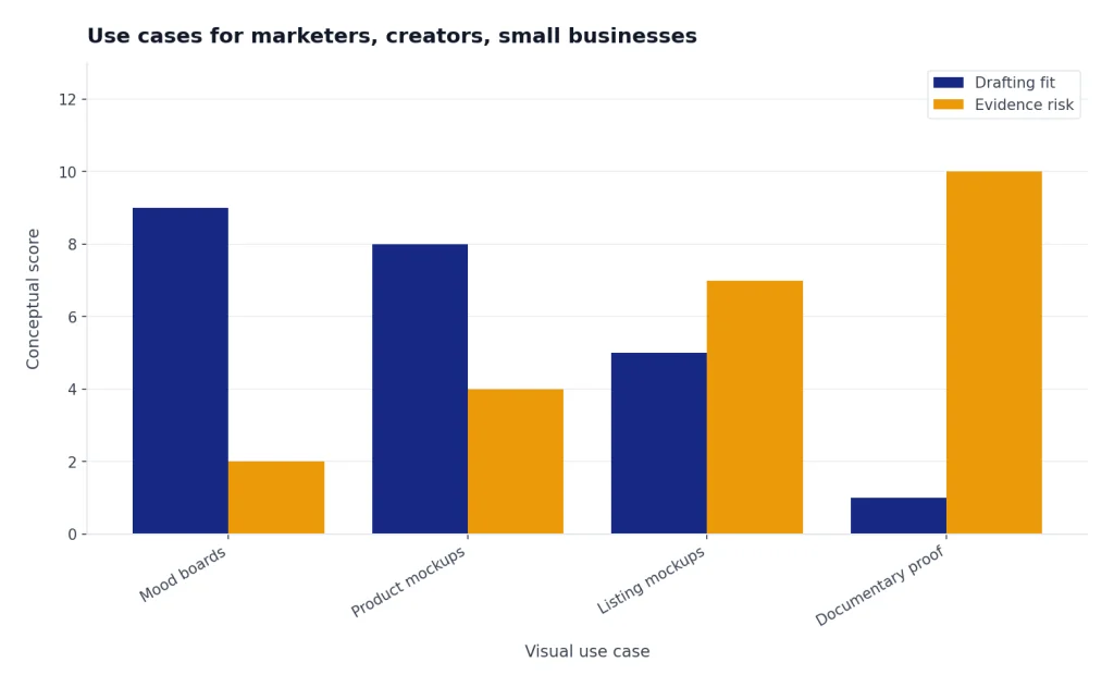 Illustrative grouped bar chart comparing visual use cases by drafting fit and evidence risk using low, medium, and high concept levels.