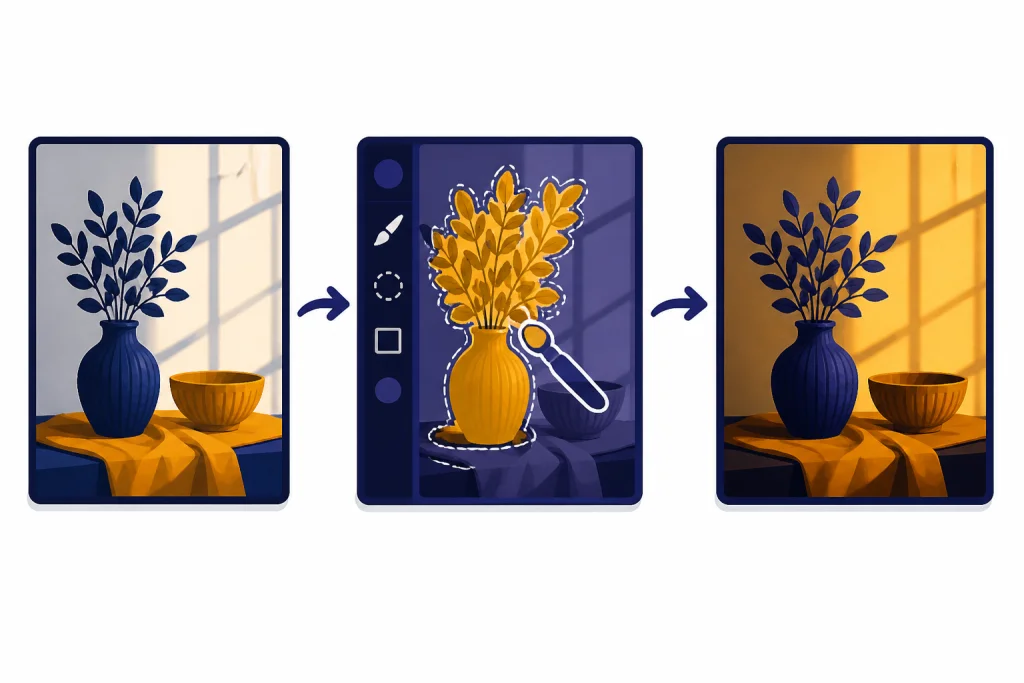 Image Editing Loop Three-panel editing workflow with uploaded photo frame, highlighted mask area, and revised photo frame.