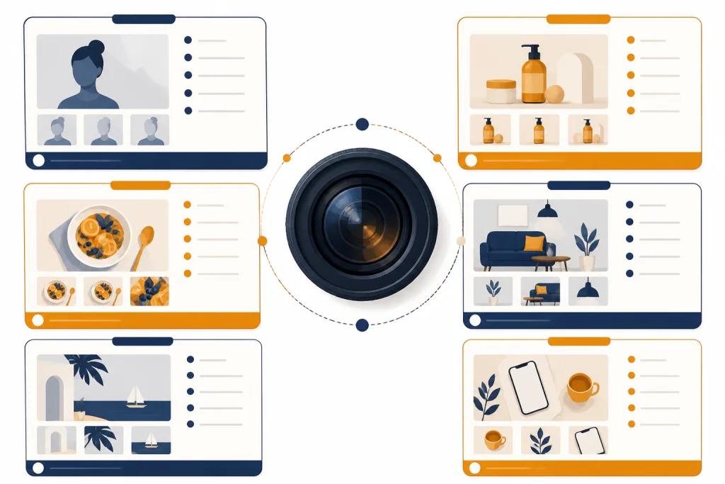 Reusable prompt card grid surrounds a camera lens with portrait, product, food, room, travel, and social thumbnails.