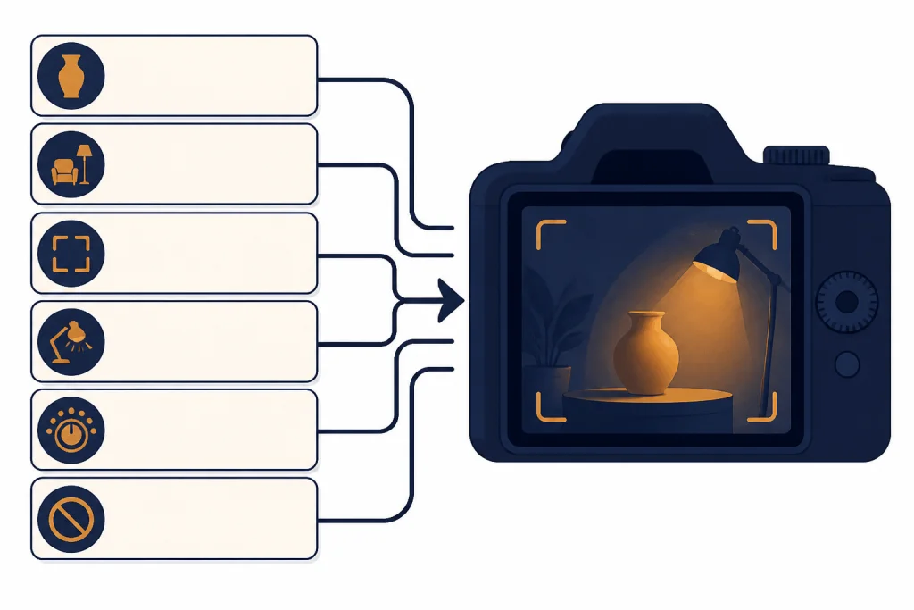 Six blank prompt cards feed into a camera viewfinder with subject, room, crop, lamp, mood, and block icons.