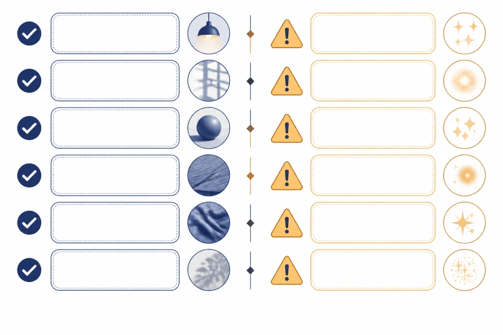 Prompt Term Comparison Two-column prompt comparison board with check icons, realistic light symbols, warning triangles, and sparkle symbols.