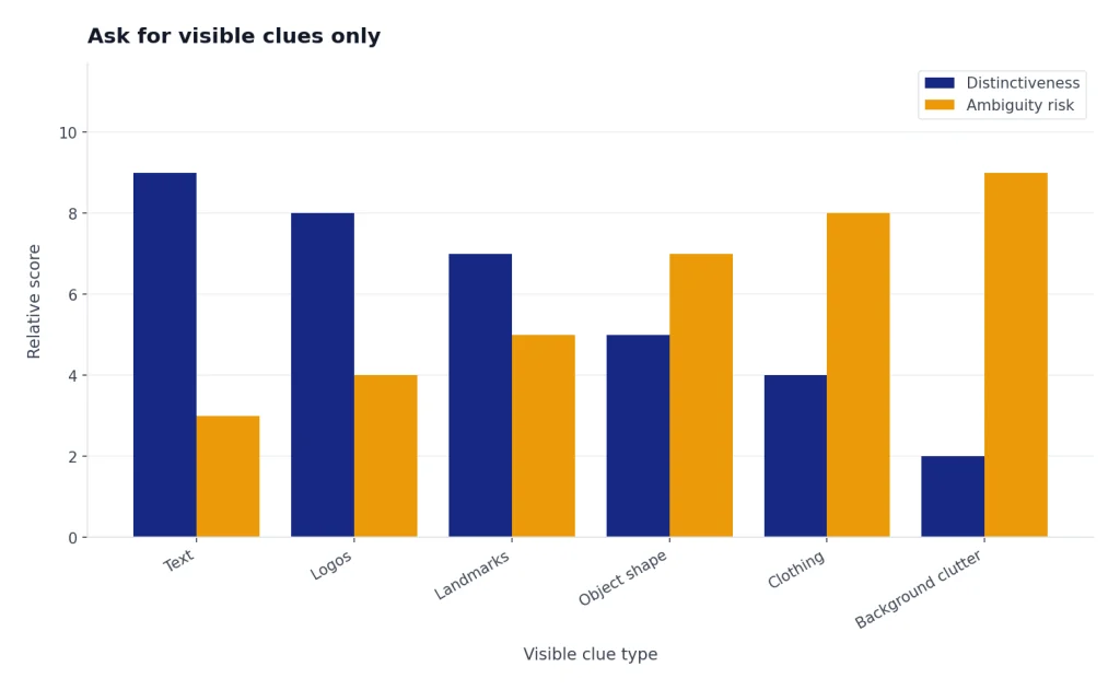 Grouped bars: Distinctiveness highest for Text and Logos; Ambiguity risk highest for Background clutter.