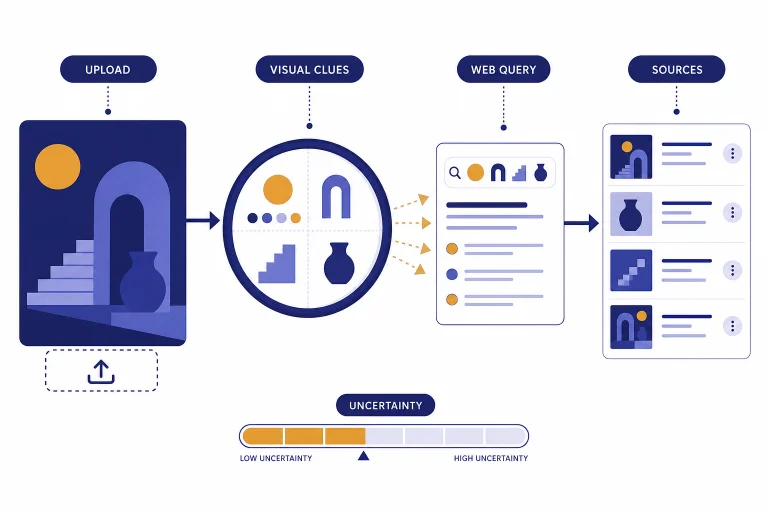 Upload card flows through visual clues and web query steps into a cited sources panel.