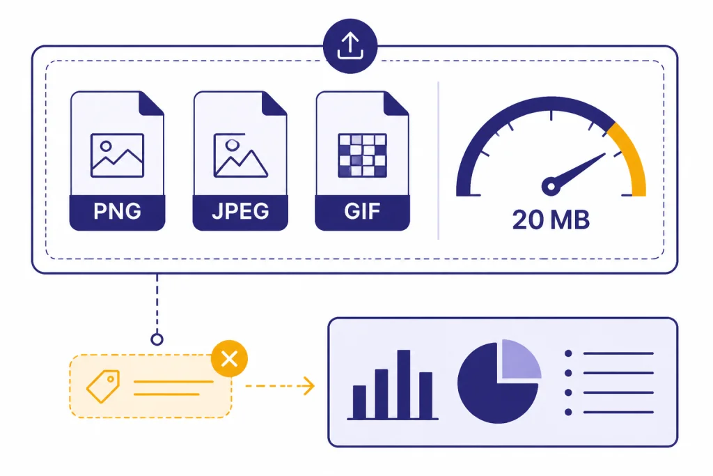File tiles labeled PNG, JPEG, GIF beside a 20 MB gauge and a metadata chip.
