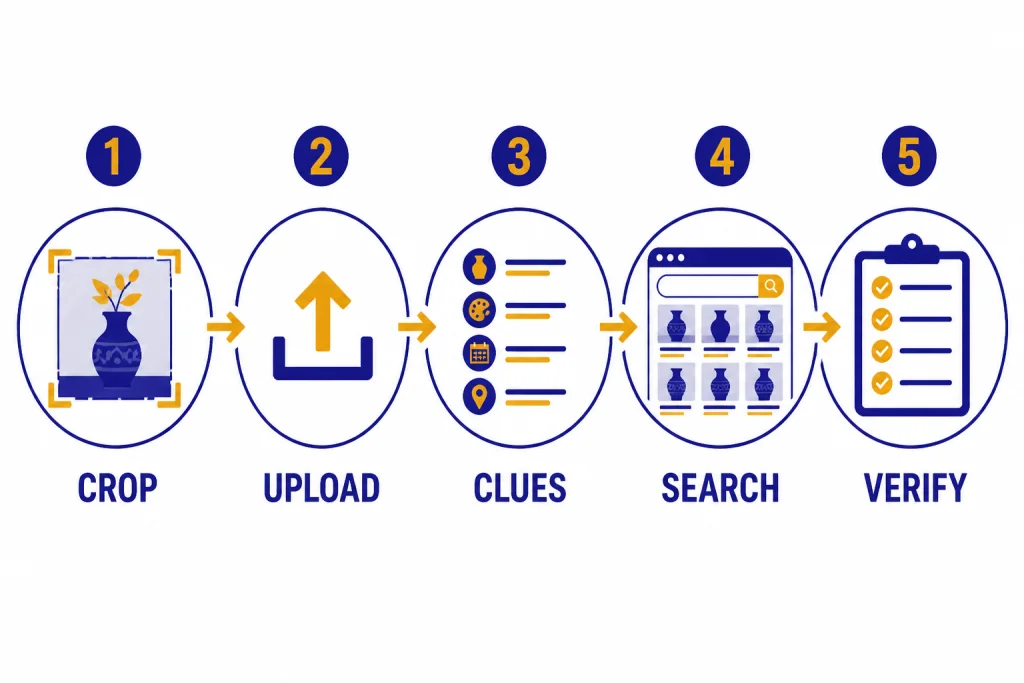 Five-step workflow labeled CROP, UPLOAD, CLUES, SEARCH, and VERIFY.
