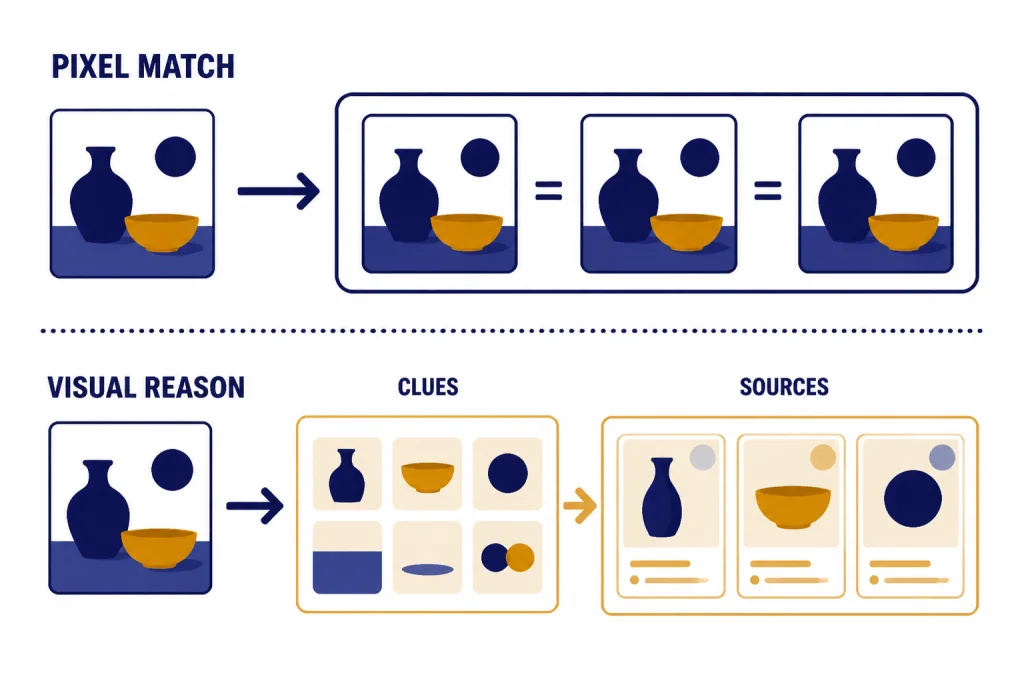 Pixel Match Versus Reasoning Two lanes labeled PIXEL MATCH and VISUAL REASON, with clue chips leading to SOURCES.
