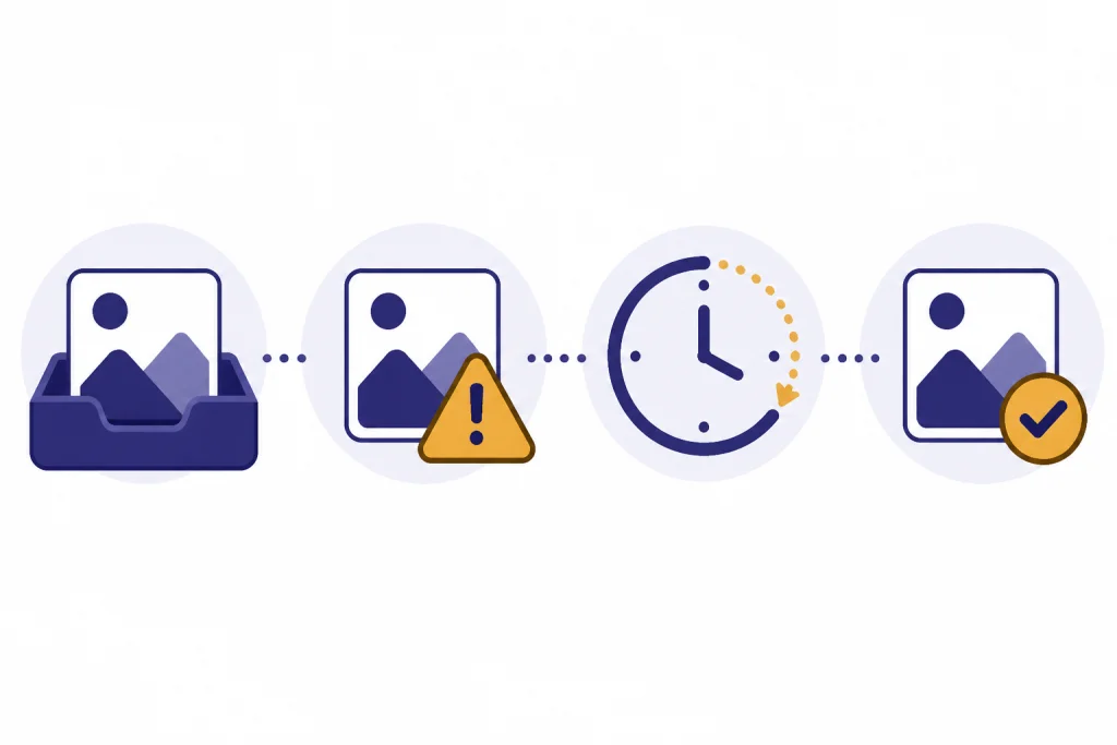 Upload timeline with queued photo, failed upload warning, clock delay, and successful photo tile.