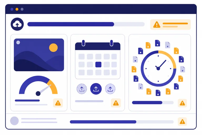 Upload-limit dashboard with three cards for image size, daily uploads, and rolling upload window.