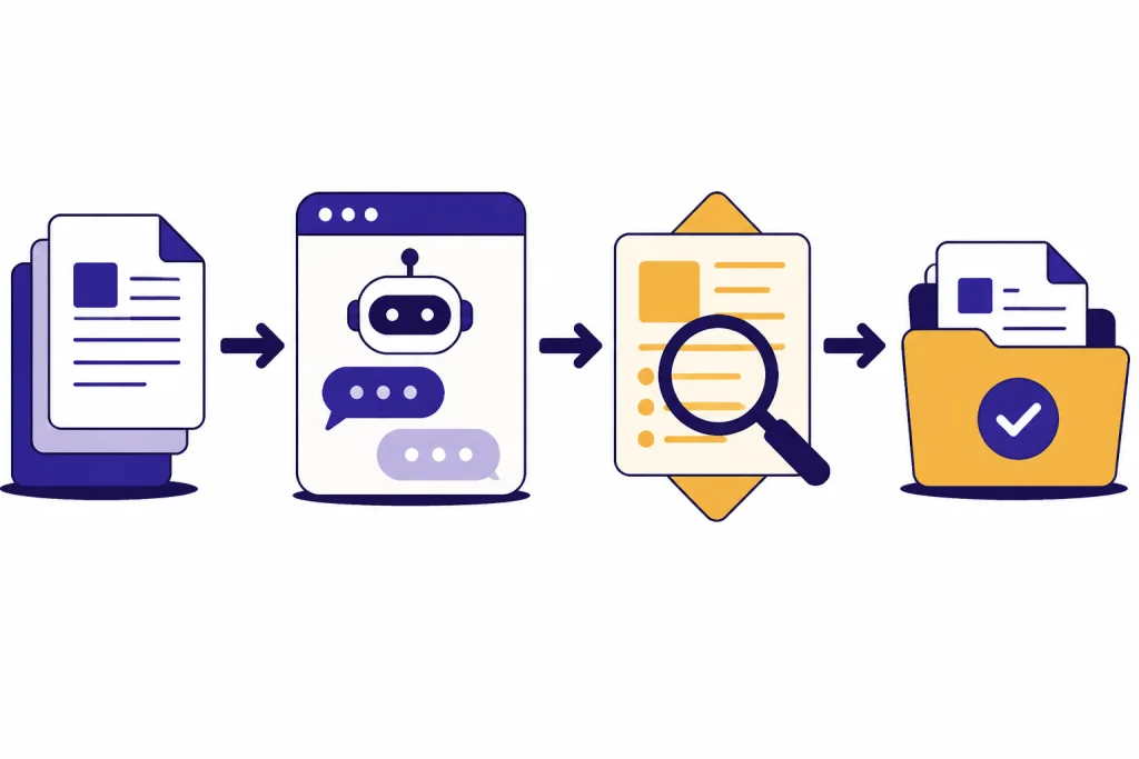 Workflow pipeline with input stack, chatbot window, review checkpoint, and approved output folder.