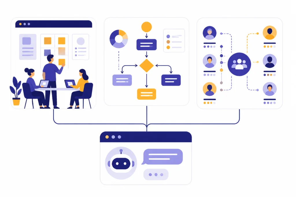 Three connected buckets for product roles, business workflows, and hiring platform matching.