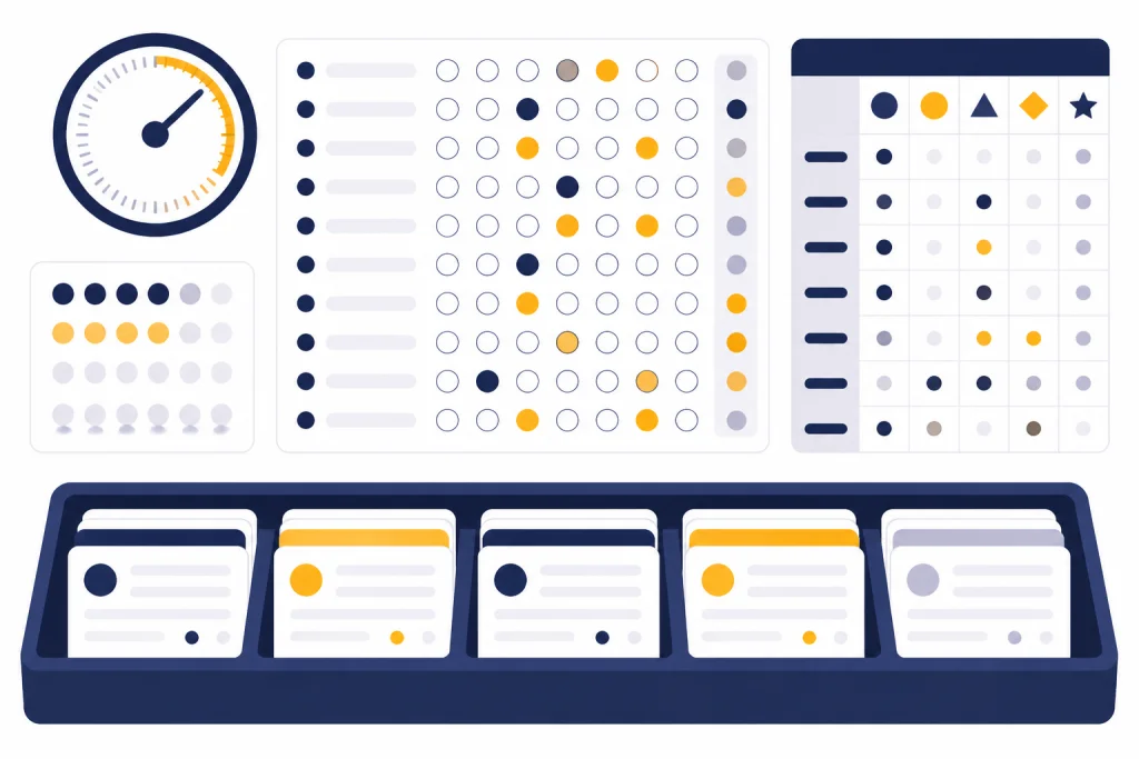 Practice test dashboard with timer dial, answer panels, rubric grid, and error log tray.