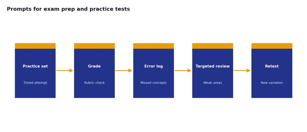 Process with stages Practice set, Grade, Error log, Targeted review, and Retest.