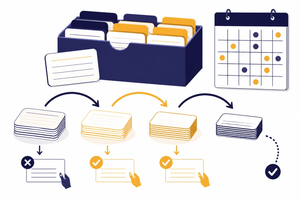 Flashcard box with card piles, calendar grid, curved review arrows, and checkmarks.