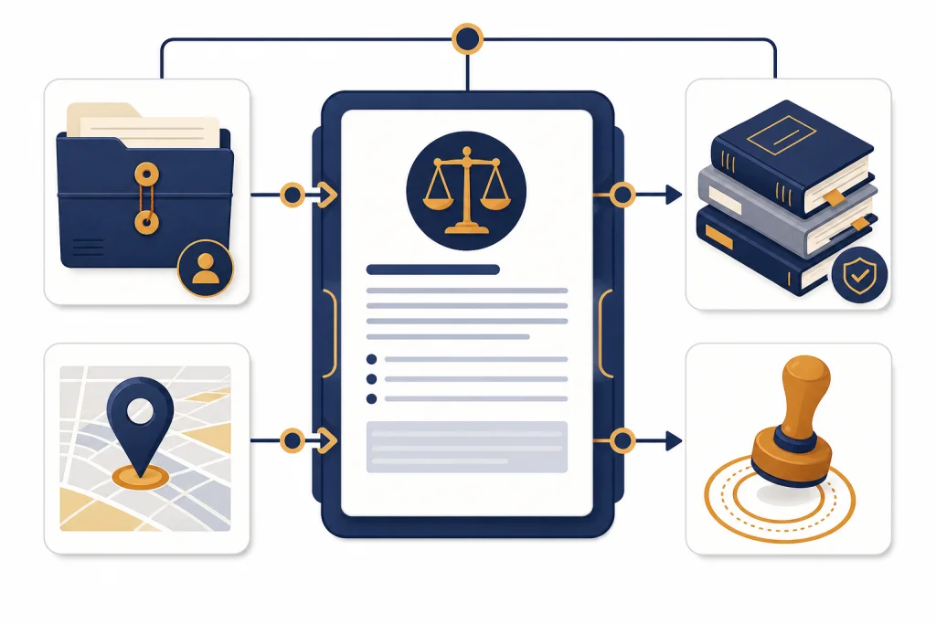Legal Prompt Review Workflow Legal prompt card connected to a client file, jurisdiction pin, source stack, and approval stamp.