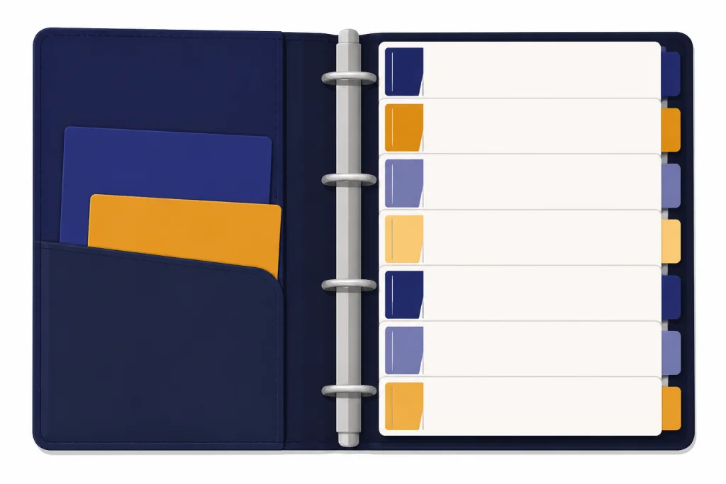 Legal Prompt Library Open prompt binder with color-coded cards for intake, research, case summary, contracts, letters, and emails.