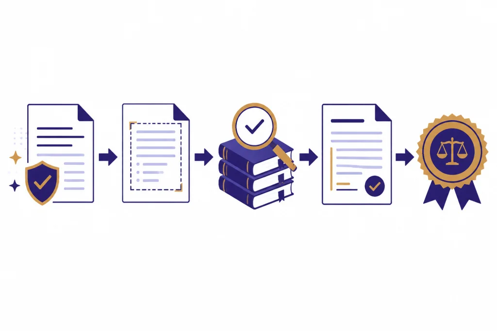 Review pipeline from sanitized file to draft page, source stack, revised document, and approval seal.