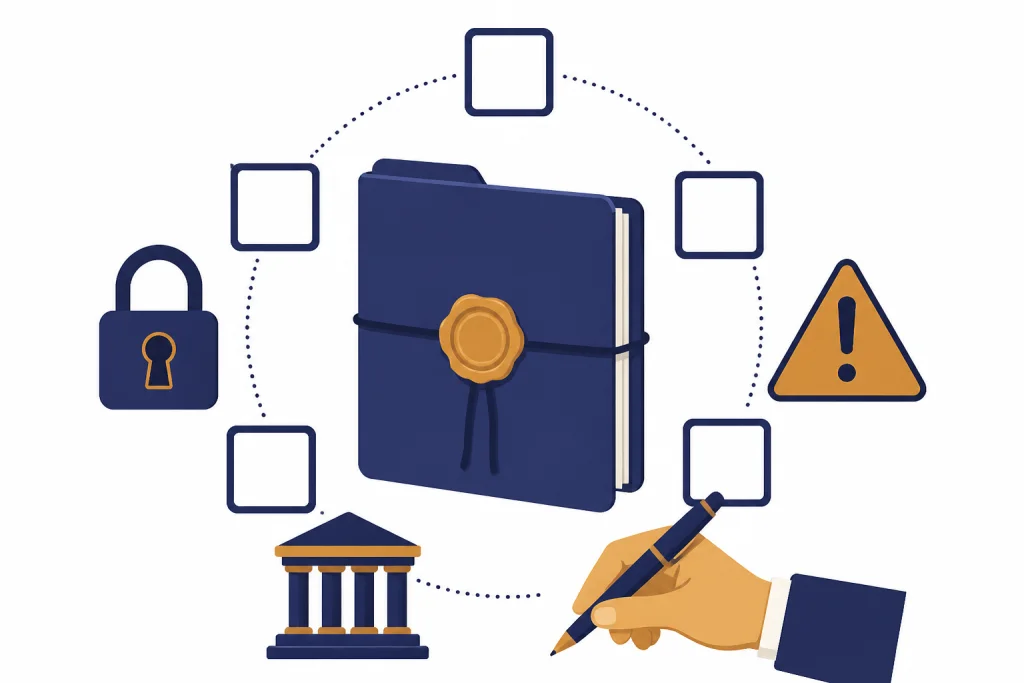 Sealed client file surrounded by five checklist boxes, a lock, warning triangle, courthouse column, and pen.