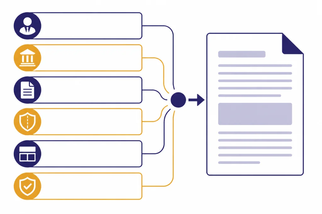 Legal Prompt Template Six empty prompt slots feed into a draft page with icons for role, jurisdiction, facts, sources, output, and review.