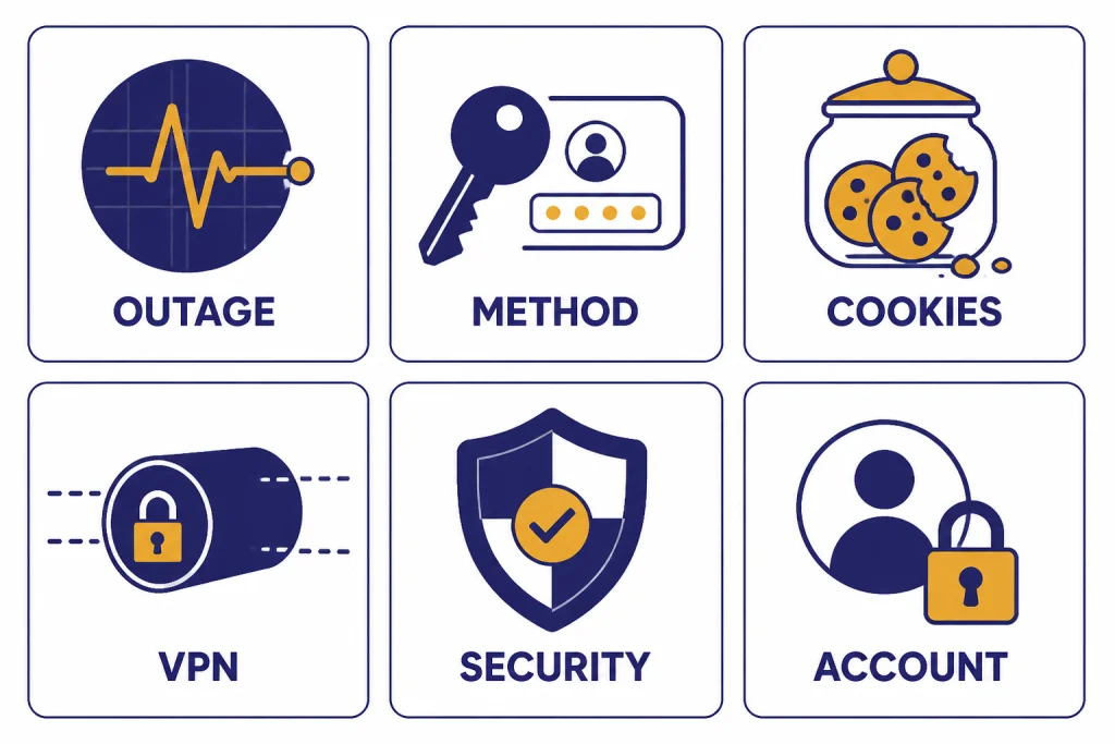 Login Diagnosis Grid Six diagnostic tiles labeled OUTAGE, METHOD, COOKIES, VPN, SECURITY, and ACCOUNT.