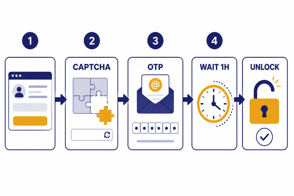 Security flow with cards labeled CAPTCHA, OTP, WAIT 1H, and UNLOCK ending in an open padlock.