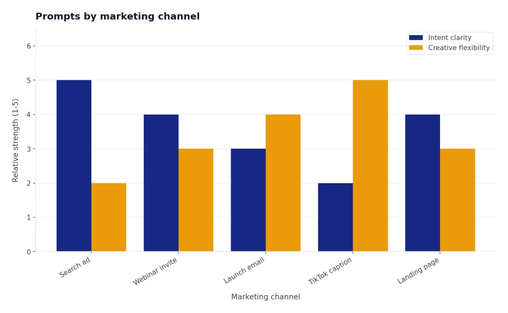 Grouped bars for Search ad, Webinar invite, Launch email, TikTok caption, Landing page: intent vs flexibility.