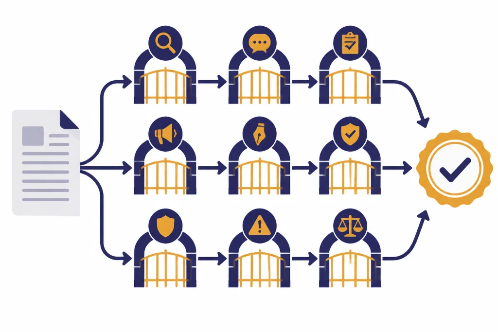 Campaign Review Workflow Campaign review workflow with a draft passing through fact, brand, and policy gates before approval.