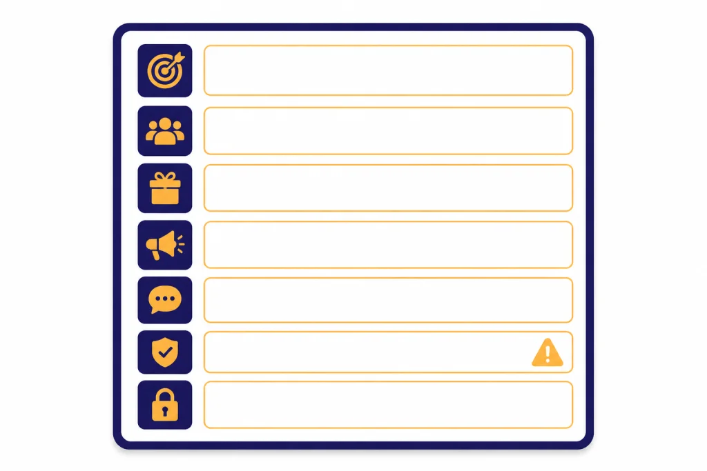Marketing prompt template form with seven empty fields and a warning triangle beside the proof field.