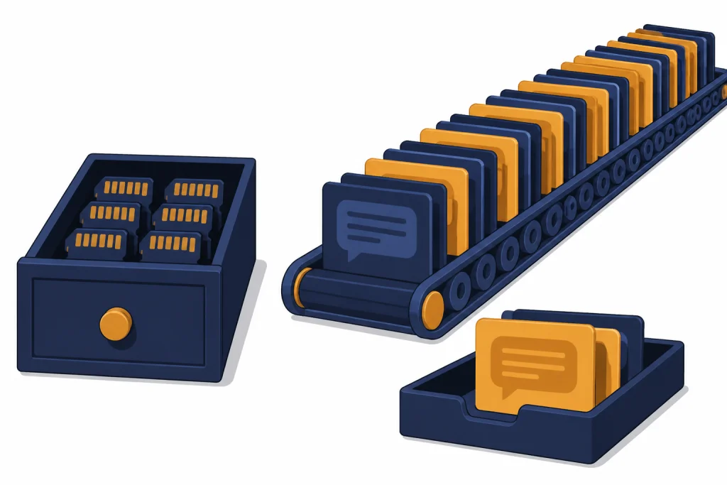 Bounded memory drawer, open chat-history conveyor, and current-chat tray arranged side by side.