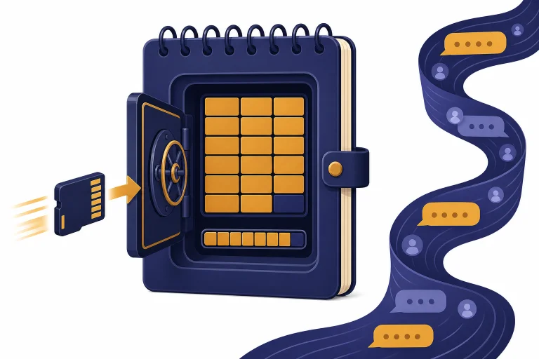 Notepad-shaped memory vault beside a flowing chat-history ribbon and one incoming memory card.
