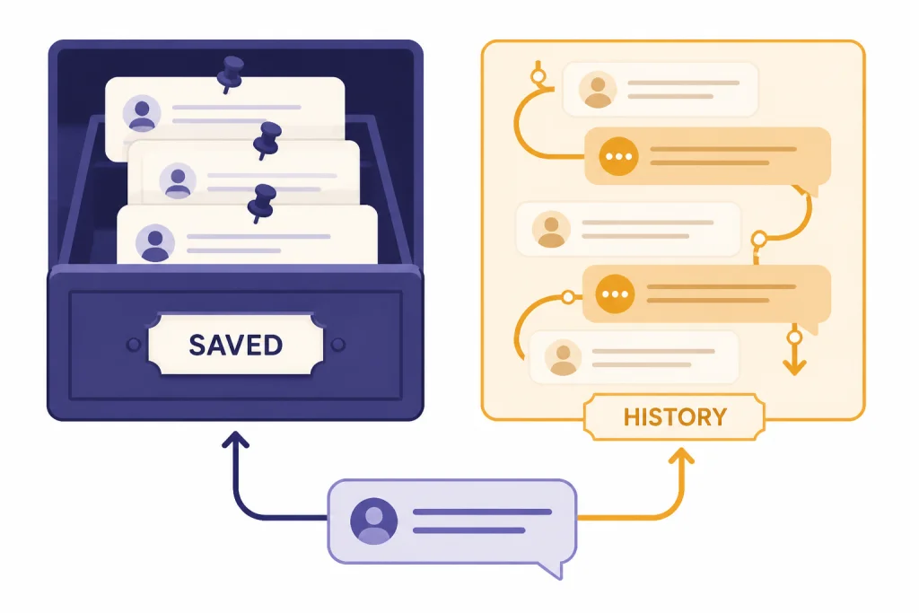 Two panels labeled SAVED and HISTORY connected by arrows to a current chat bubble.