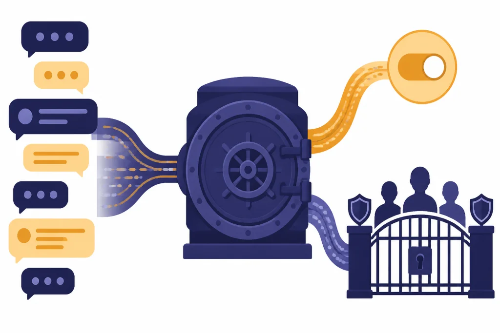 Mental Health Data Path Sensitive chat transcript flowing into a vault with branches to settings and gated reviewers.