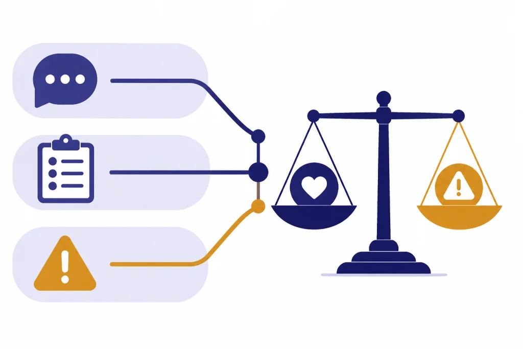 Evidence Balance Map Three evidence lanes converge into a scale weighing chat benefits against risks.