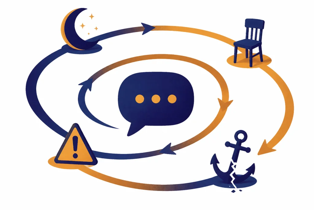 Conversation spiral around a chat bubble with moon, isolated chair, warning triangle, and broken anchor.