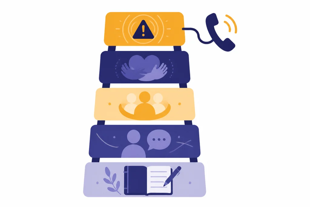 Five stacked use-case cards rising from journaling to a crisis phone handset.