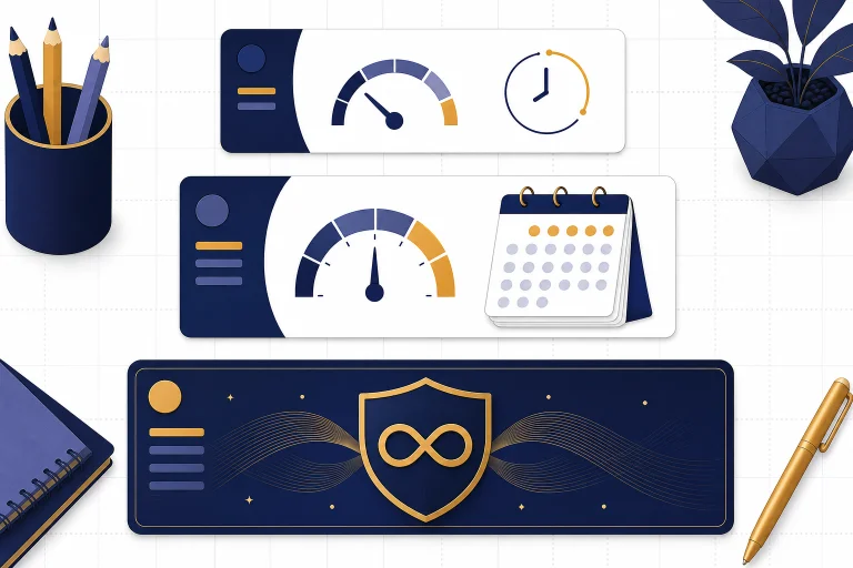 Three subscription cards with gauges, a weekly stack, and an infinity loop shield