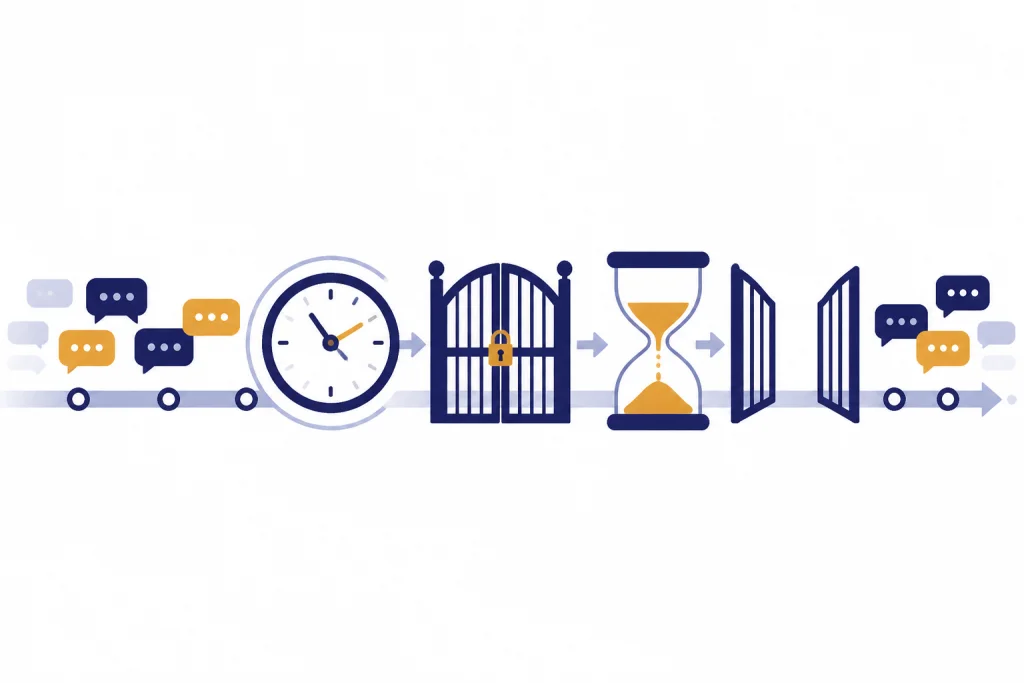 Rolling Reset Timeline Timeline with prompt bubbles, a cap lock, an hourglass wait, and a reopened gate