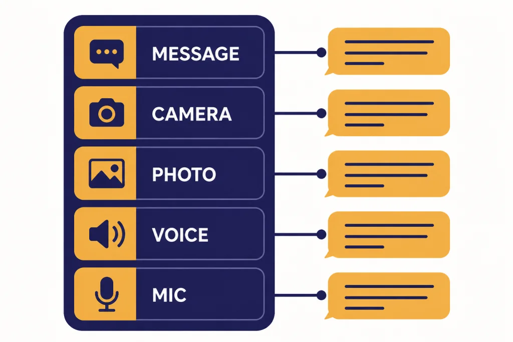 Mobile widget panel with shortcut buttons labeled MESSAGE, CAMERA, PHOTO, VOICE, and MIC.