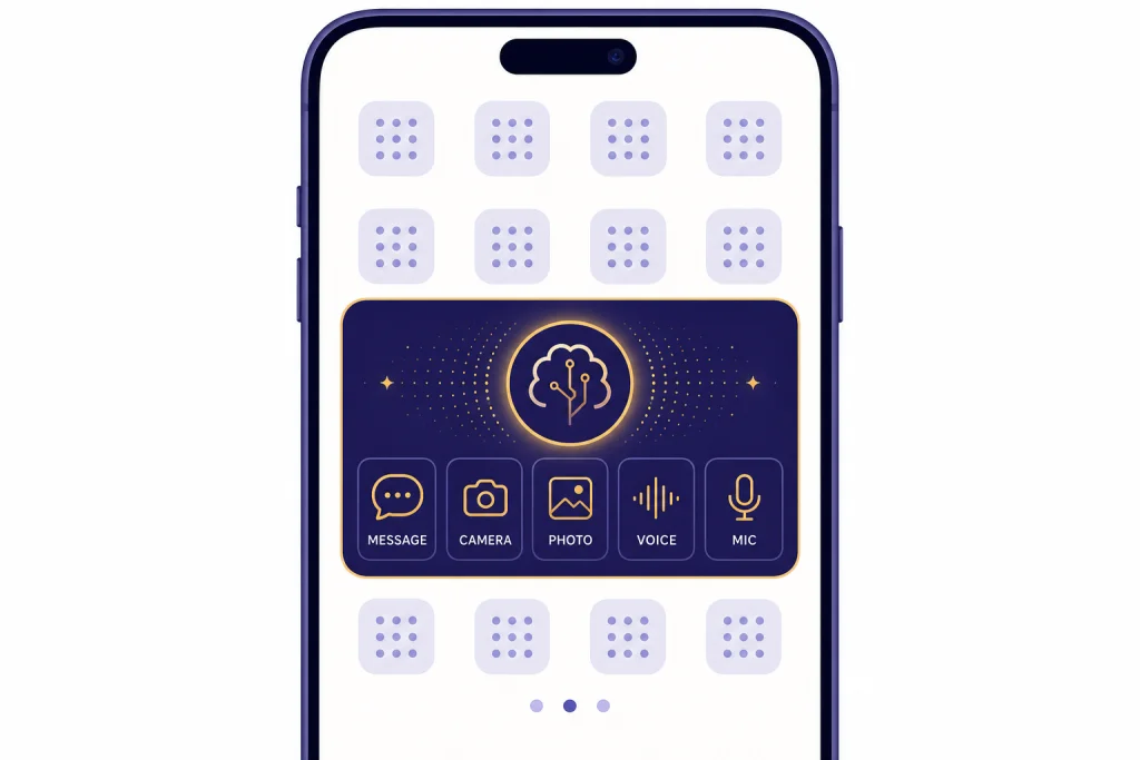 Mobile Widget Shortcuts Smartphone home screen with one AI widget containing MESSAGE, CAMERA, PHOTO, VOICE, and MIC tiles.