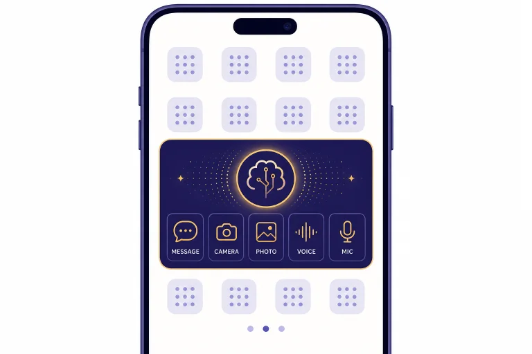 Smartphone home screen with one AI widget containing MESSAGE, CAMERA, PHOTO, VOICE, and MIC tiles.
