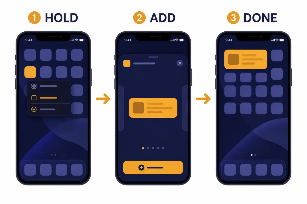Three iPhone setup screens labeled HOLD, ADD, and DONE with a widget placed on the final screen.