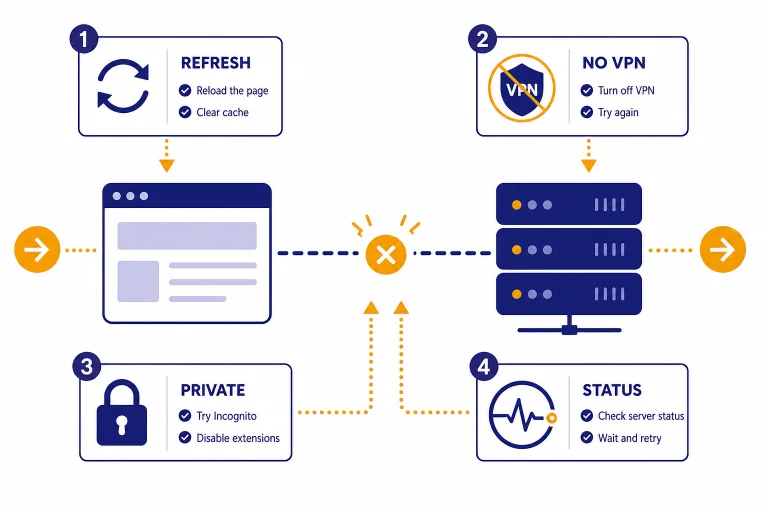 Broken connection dashboard with checklist cards labeled REFRESH, NO VPN, PRIVATE, and STATUS.