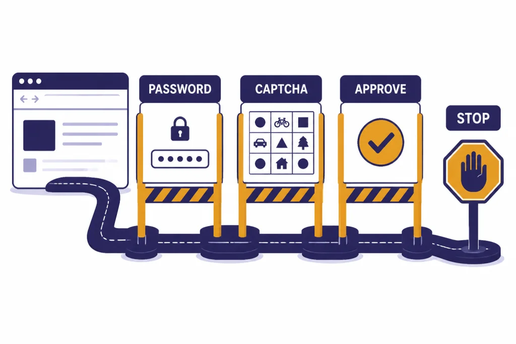 Browser task path with safety gates labeled PASSWORD, CAPTCHA, APPROVE, and STOP.