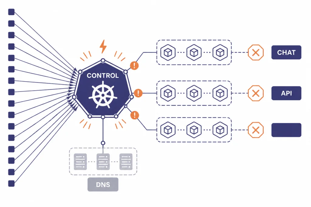 Control Plane Failure Overloaded control node labeled CONTROL linked to DNS, CHAT, and API lanes.