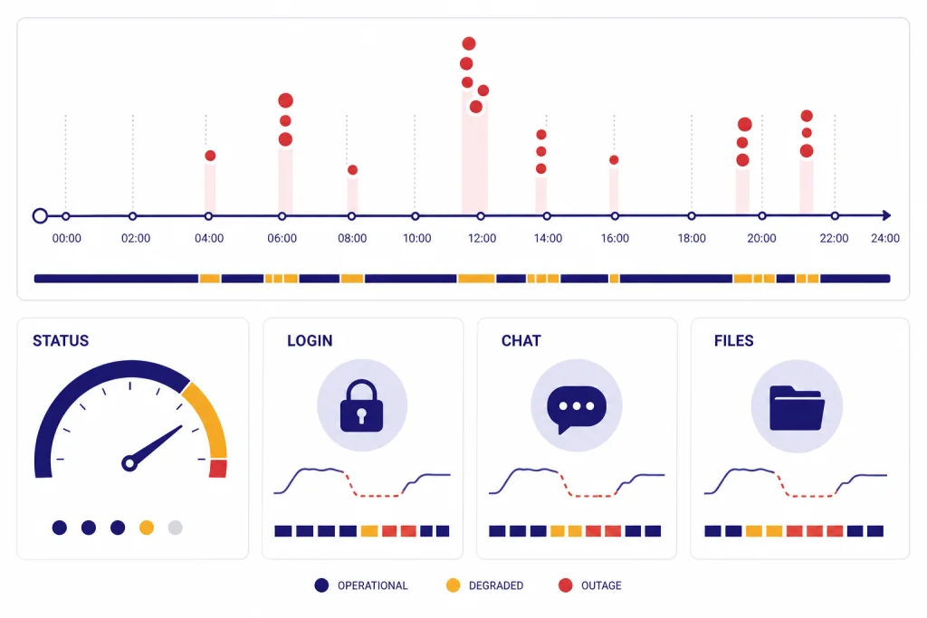 ChatGPT Outage Timeline Outage dashboard timeline with warning dots and cards labeled STATUS, LOGIN, CHAT, and FILES.