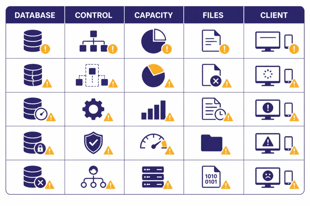 Outage Pattern Matrix Five incident pattern columns labeled DATABASE, CONTROL, CAPACITY, FILES, and CLIENT.