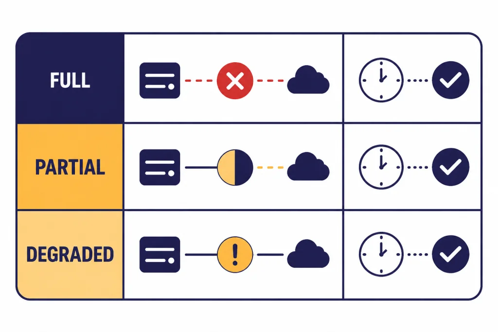 Three severity rows labeled FULL, PARTIAL, and DEGRADED with a clock and recovery checkmark.