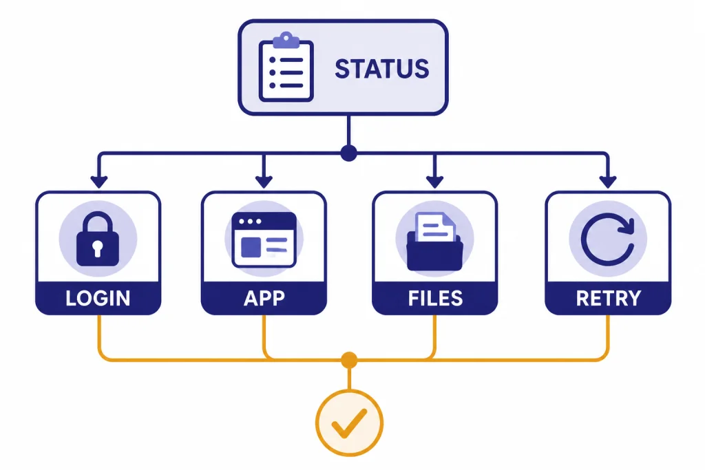 Decision tree labeled STATUS branching to LOGIN, APP, FILES, and RETRY with a checkmark endpoint.